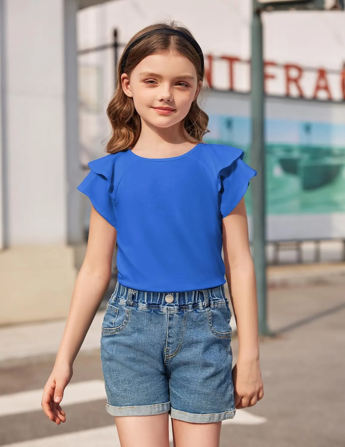 Girls T Shirts Ruffle Short Sleeve Round Neck Loose Blouse Summer Solid Color Casual Girl Tee Tops for 3-12 Years