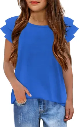 Girls T Shirts Ruffle Short Sleeve Round Neck Loose Blouse Summer Solid Color Casual Girl Tee Tops for 3-12 Years