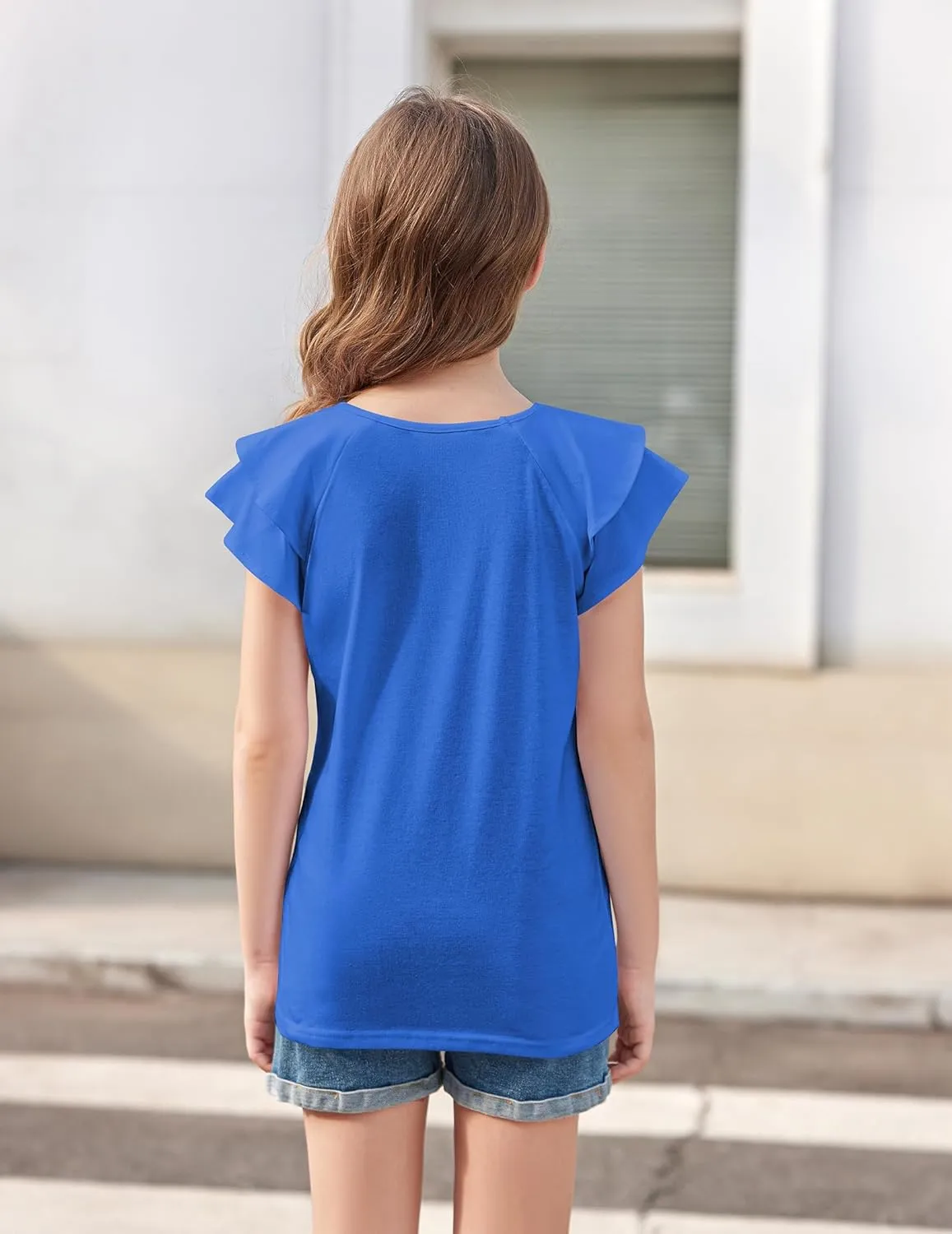 Girls T Shirts Ruffle Short Sleeve Round Neck Loose Blouse Summer Solid Color Casual Girl Tee Tops for 3-12 Years