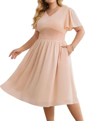 Hanna Nikole Womens Plus Size Chiffon Cocktail Dress Smocked Waist Ruffle Sleeve Party Wedding Guest Dress with Pockets