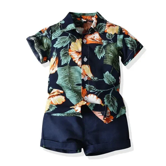 Hawaiian Children Boys Casual Clothes Short Sleeve Printed Shirt Shorts Kids Boys 2Pcs Suit