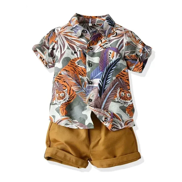 Hawaiian Children Boys Casual Clothes Short Sleeve Printed Shirt Shorts Kids Boys 2Pcs Suit