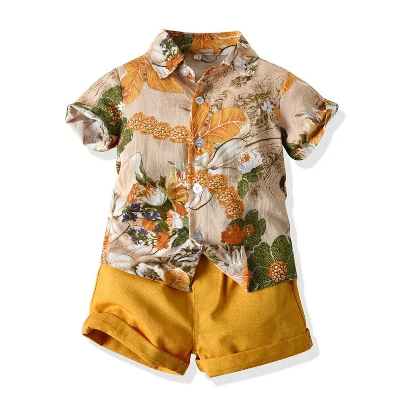 Hawaiian Children Boys Casual Clothes Short Sleeve Printed Shirt Shorts Kids Boys 2Pcs Suit