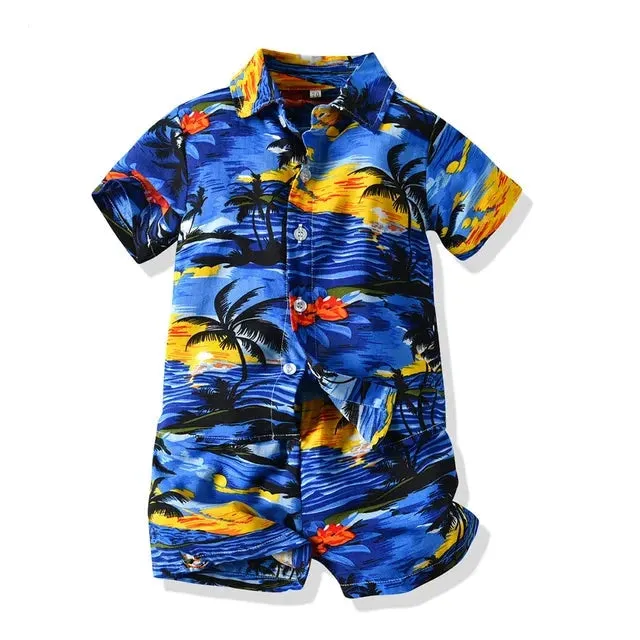Hawaiian Children Boys Casual Clothes Short Sleeve Printed Shirt Shorts Kids Boys 2Pcs Suit