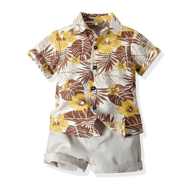 Hawaiian Children Boys Casual Clothes Short Sleeve Printed Shirt Shorts Kids Boys 2Pcs Suit