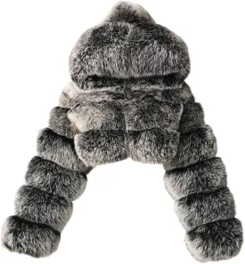 hlysgo Winter Crop Coats Womens Faux Fur Jacket Long Sleeve Hooded Cropped Jackets Zipper Fuzzy Short Coat Outerwear