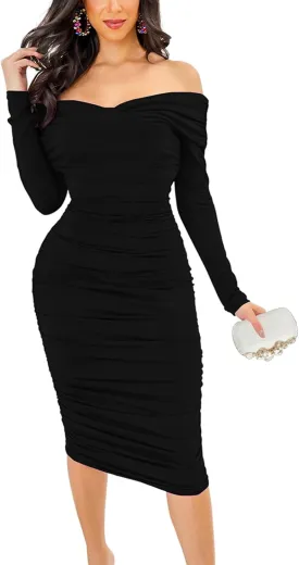 HugeNice Women's Sexy Off Shoulder Midi Dress Long Sleeve Bodycon Ruched Cocktail Party Dresses