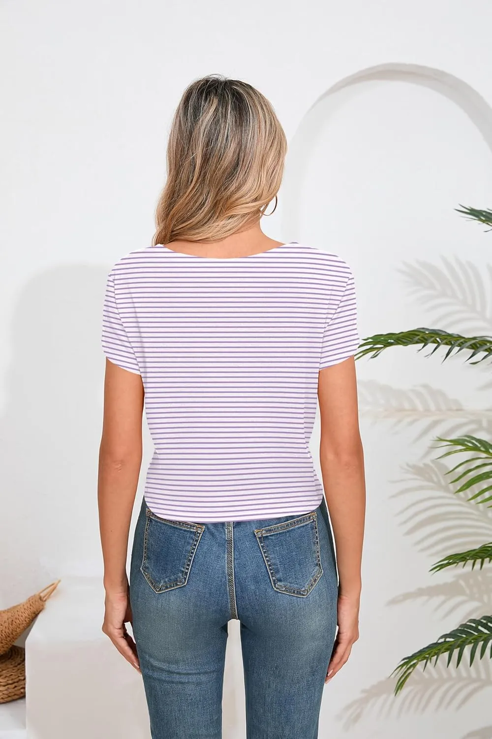 Iandroiy Women's Summer Causal Short Sleeve Blouse Round Neck Crop Tops Twist Front Tee T-Shirt