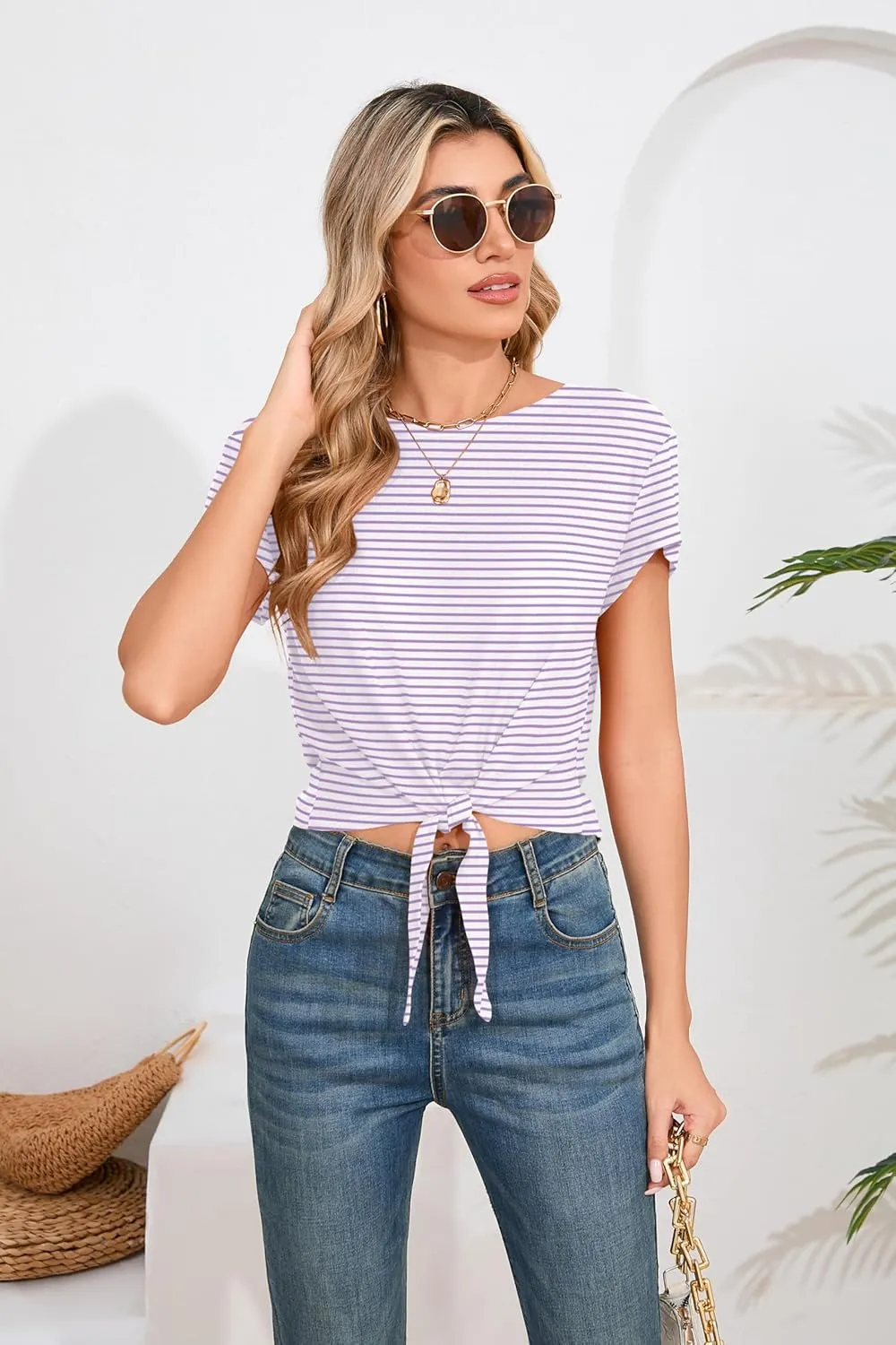 Iandroiy Women's Summer Causal Short Sleeve Blouse Round Neck Crop Tops Twist Front Tee T-Shirt