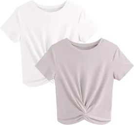 JINKESI Women's 2 Pack T-Shirts Summer Crop Tops Causal Crew Neck Short Sleeve Twist Front Tee T-Shirt