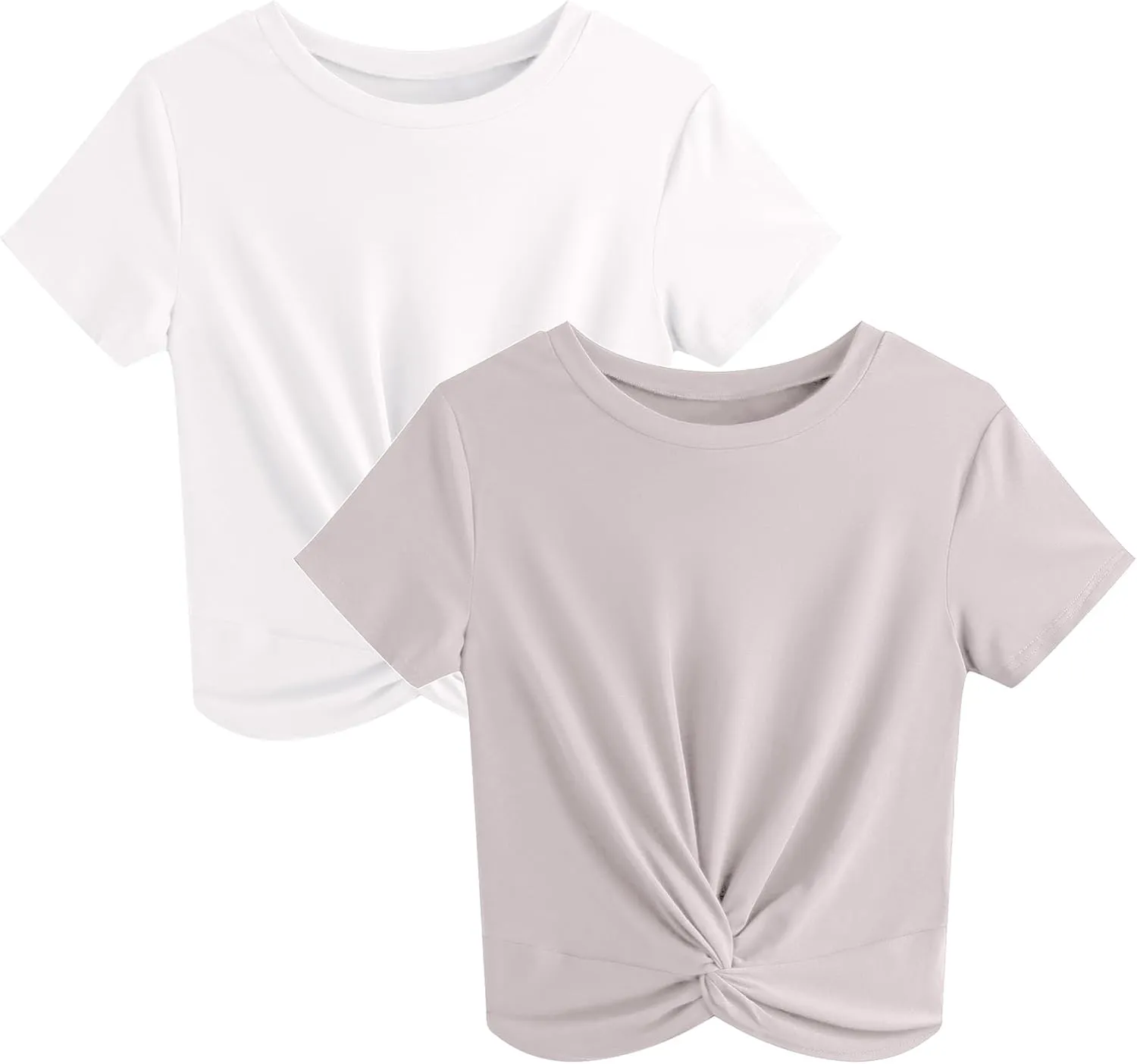 JINKESI Women's 2 Pack T-Shirts Summer Crop Tops Causal Crew Neck Short Sleeve Twist Front Tee T-Shirt