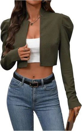 MakeMeChic Women's Business Casual Blazers Long Puff Sleeve Open Front Work Office Cropped Blazer Suit Jacket