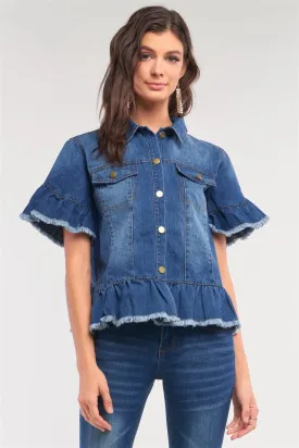 Medium Blue Washed Denim Effect Short Sleeve Button-Down Front Flare Shredded Hem Shirt Jacket /2-2-2