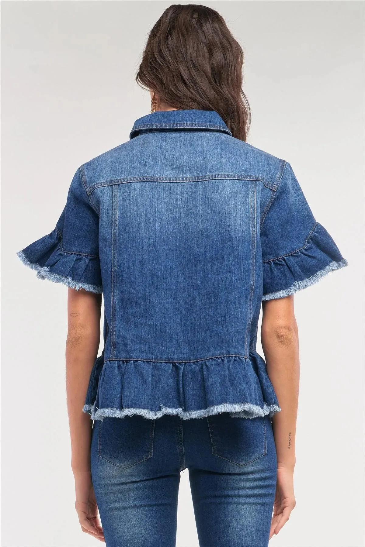 Medium Blue Washed Denim Effect Short Sleeve Button-Down Front Flare Shredded Hem Shirt Jacket /2-2-2