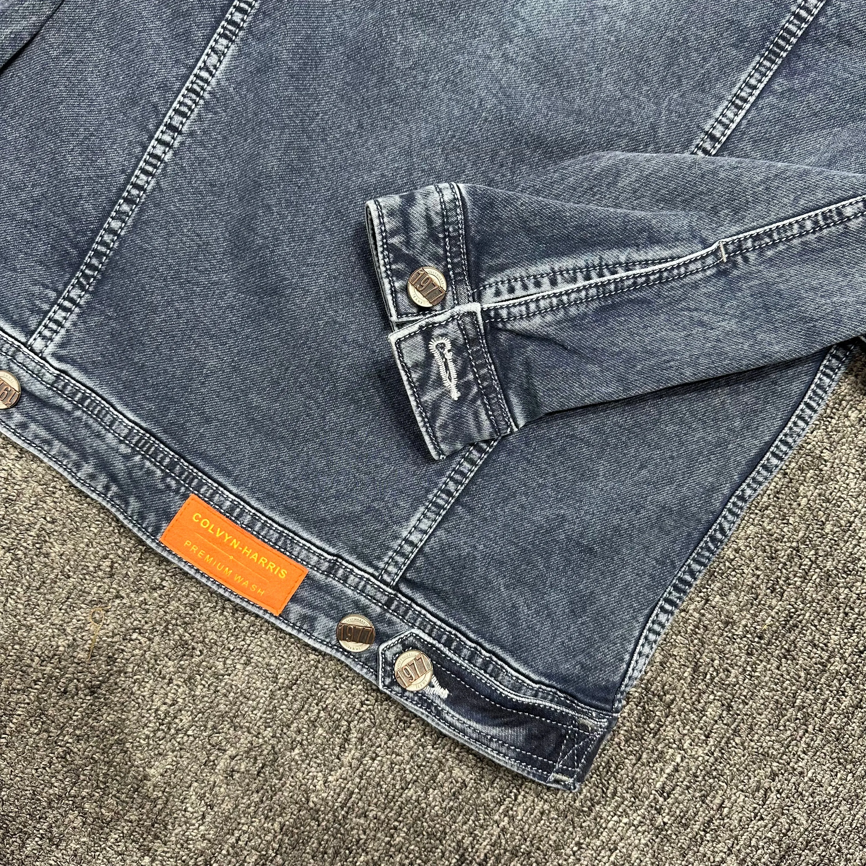 Men's Ripped Collar Denim Jacket - Bata Washed Cotton Knit denim blue  & Embroidered Patch