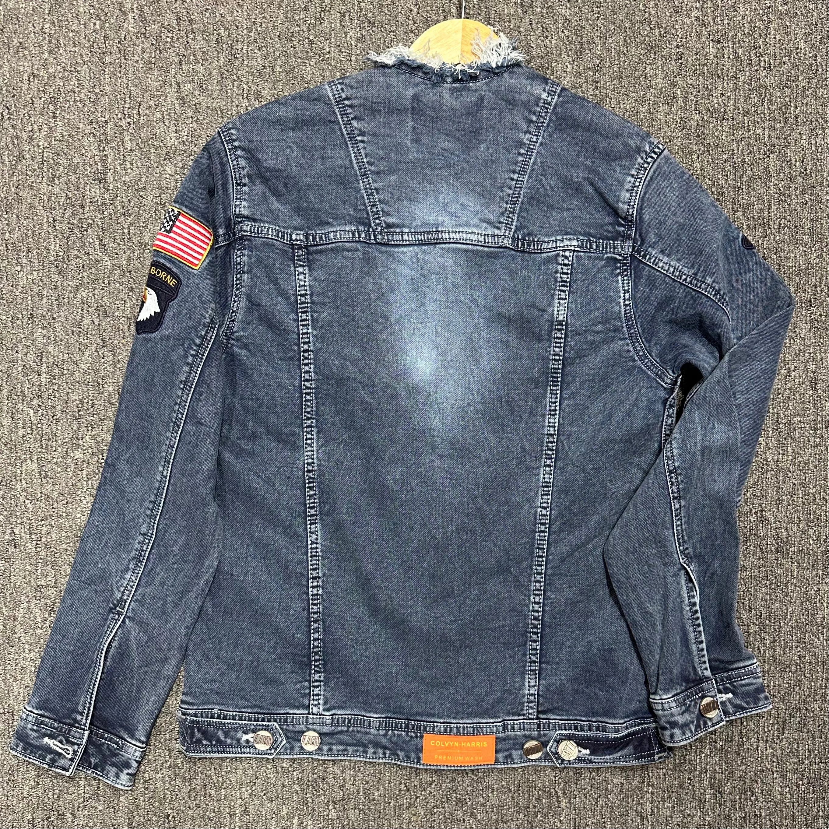 Men's Ripped Collar Denim Jacket - Bata Washed Cotton Knit denim blue  & Embroidered Patch