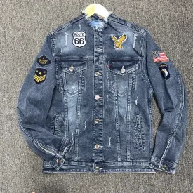 Men's Ripped Collar Denim Jacket - Bata Washed Cotton Knit denim blue  & Embroidered Patch
