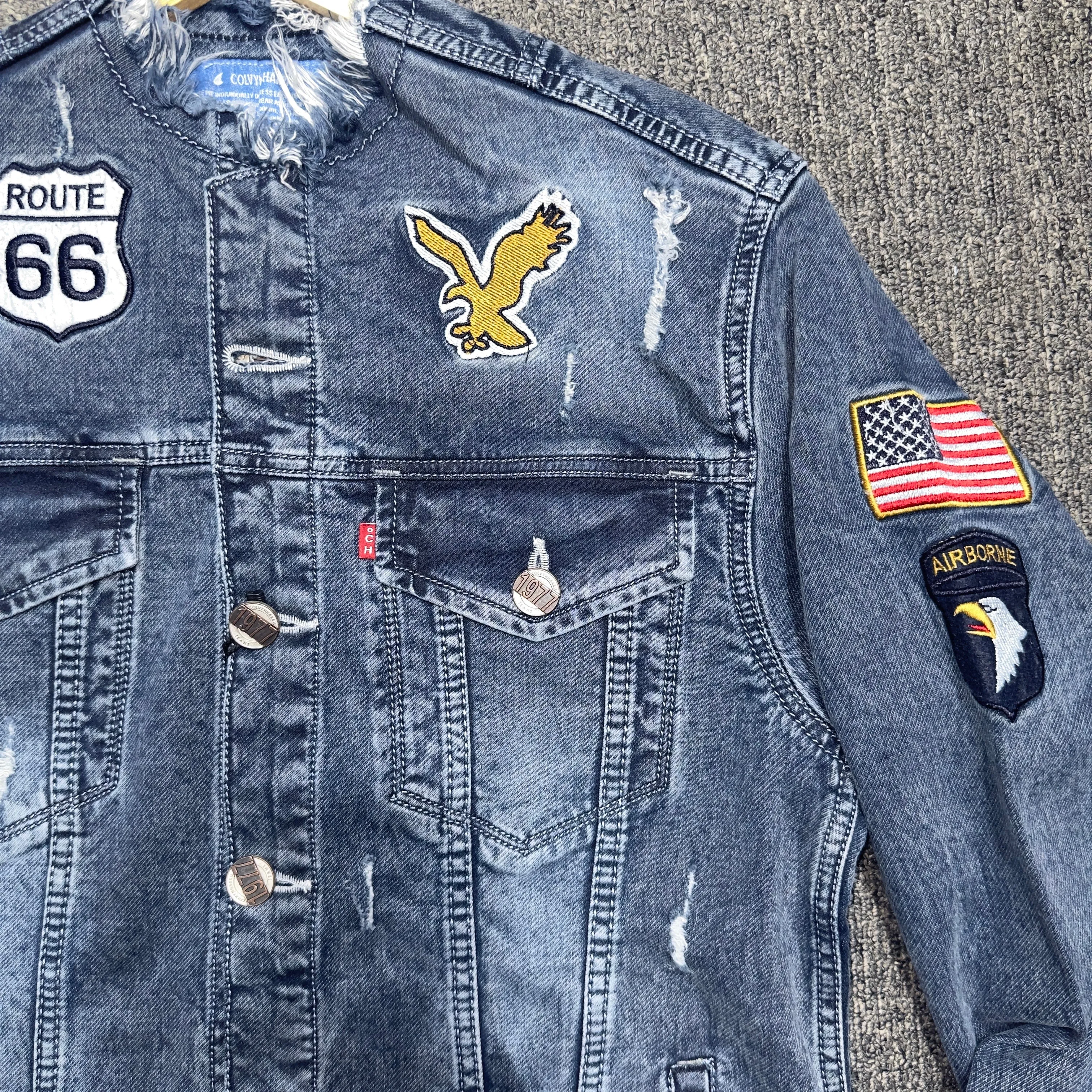 Men's Ripped Collar Denim Jacket - Bata Washed Cotton Knit denim blue  & Embroidered Patch