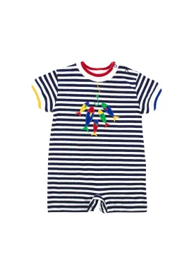 Navy and White Stripe Knit Shortall With Fish