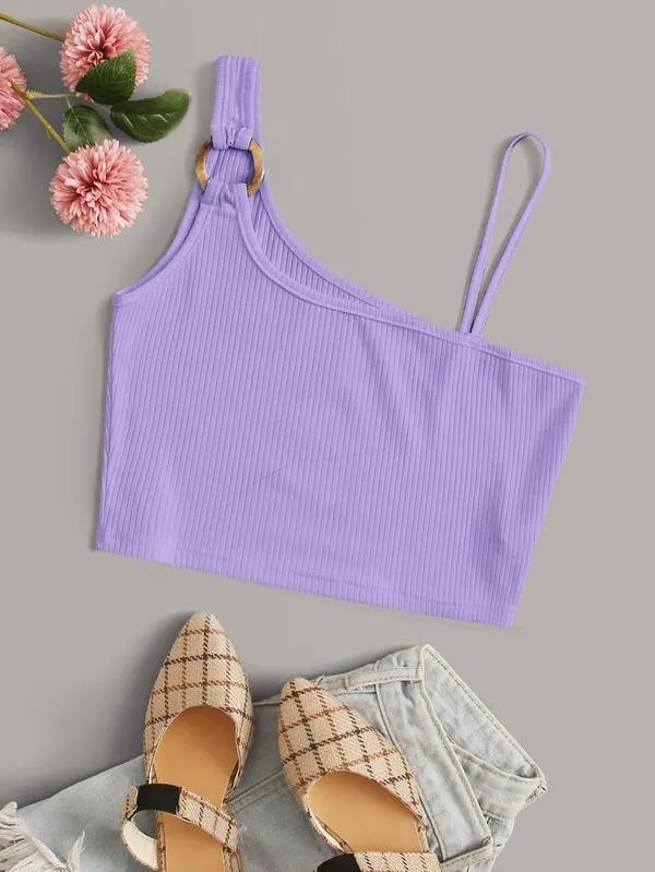O-Ring Linked Asymmetrical Neck Crop Top