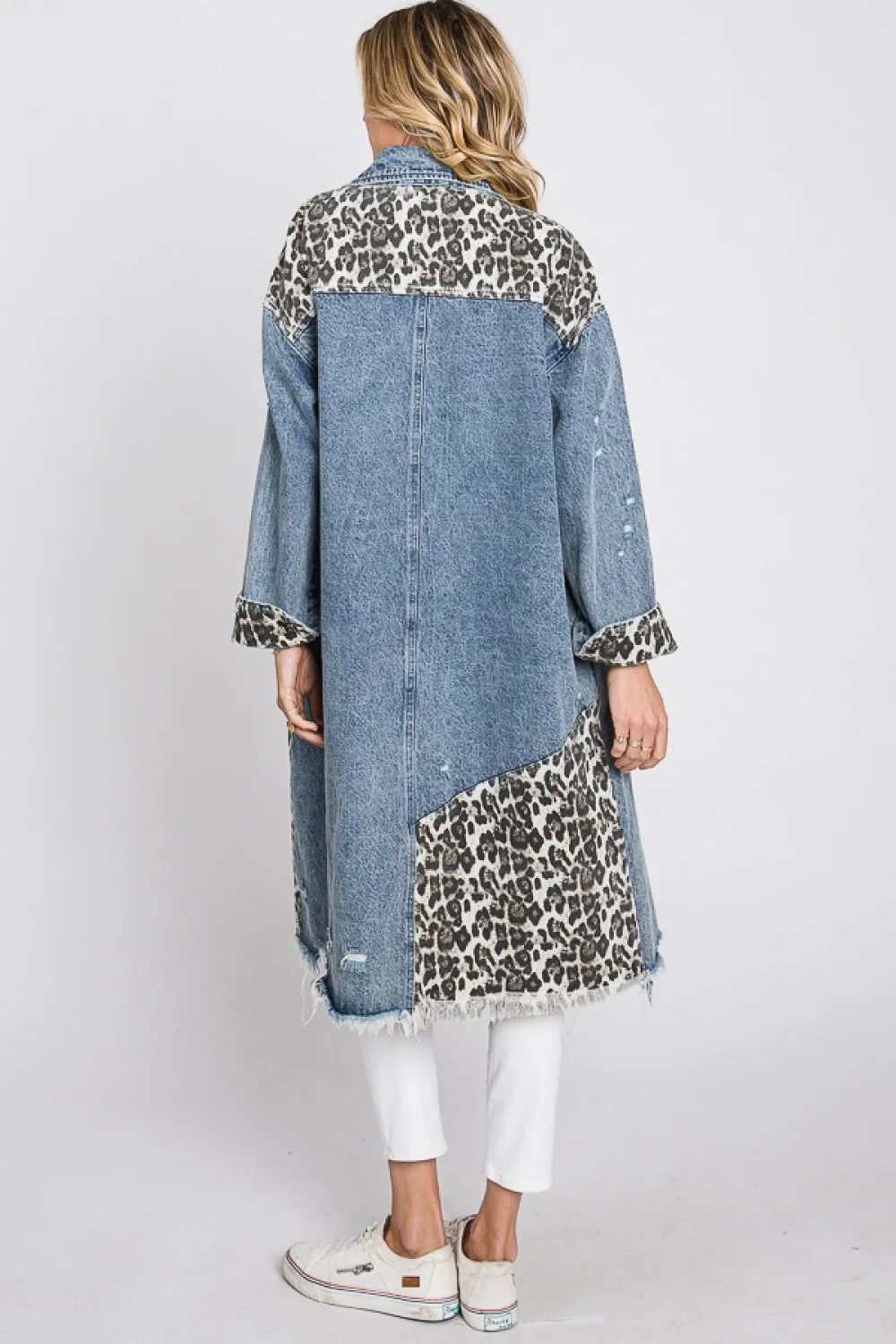 Oli & Hali Washed Long Color Block Leopard Jacket