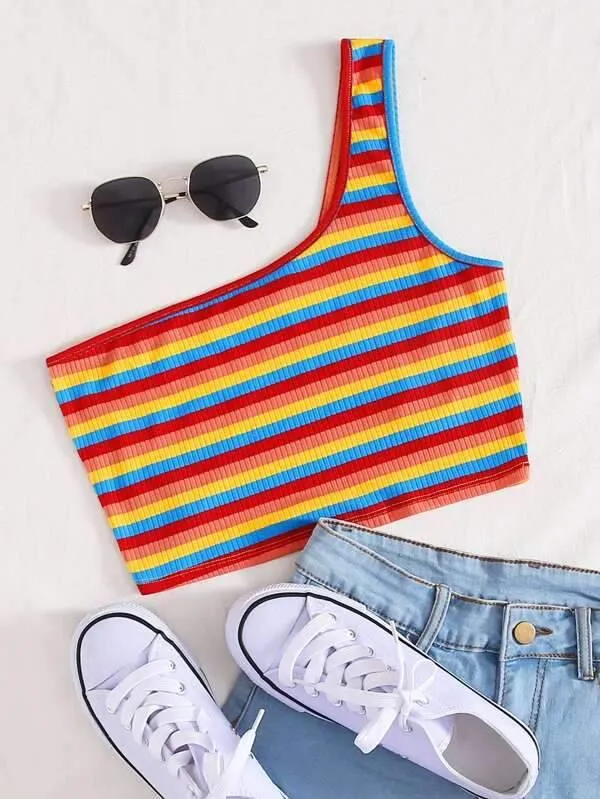 One Shoulder Rainbow Striped Crop Top