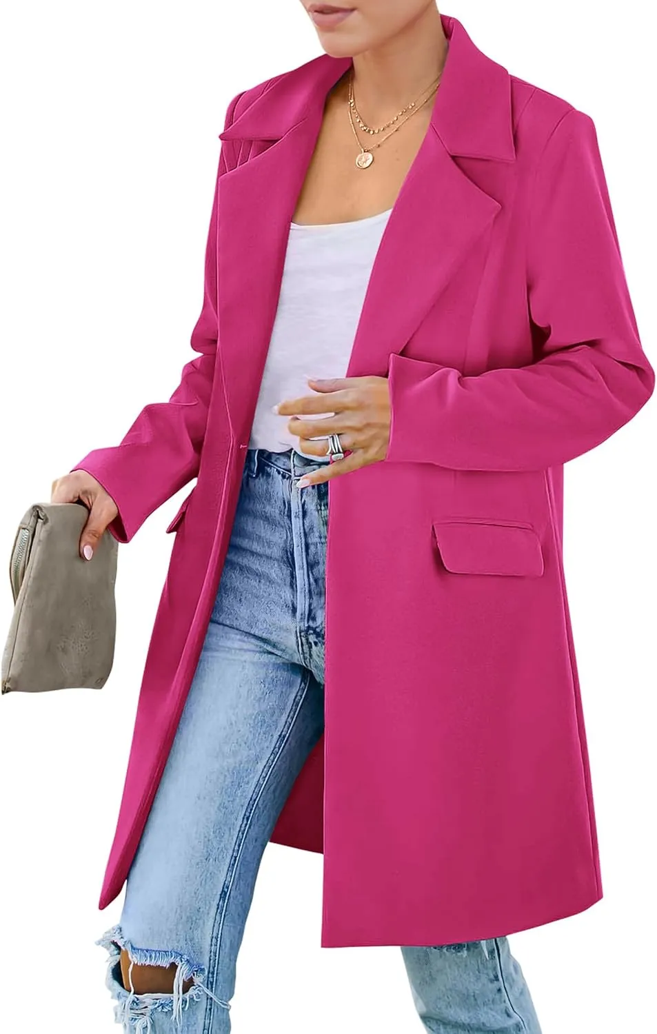 PRETTYGARDEN Women's 2025 Spring Fall Long Blazer Jackets Long Sleeve Lapel Pockets Loose Fit Work Casual Blazers Outerwear