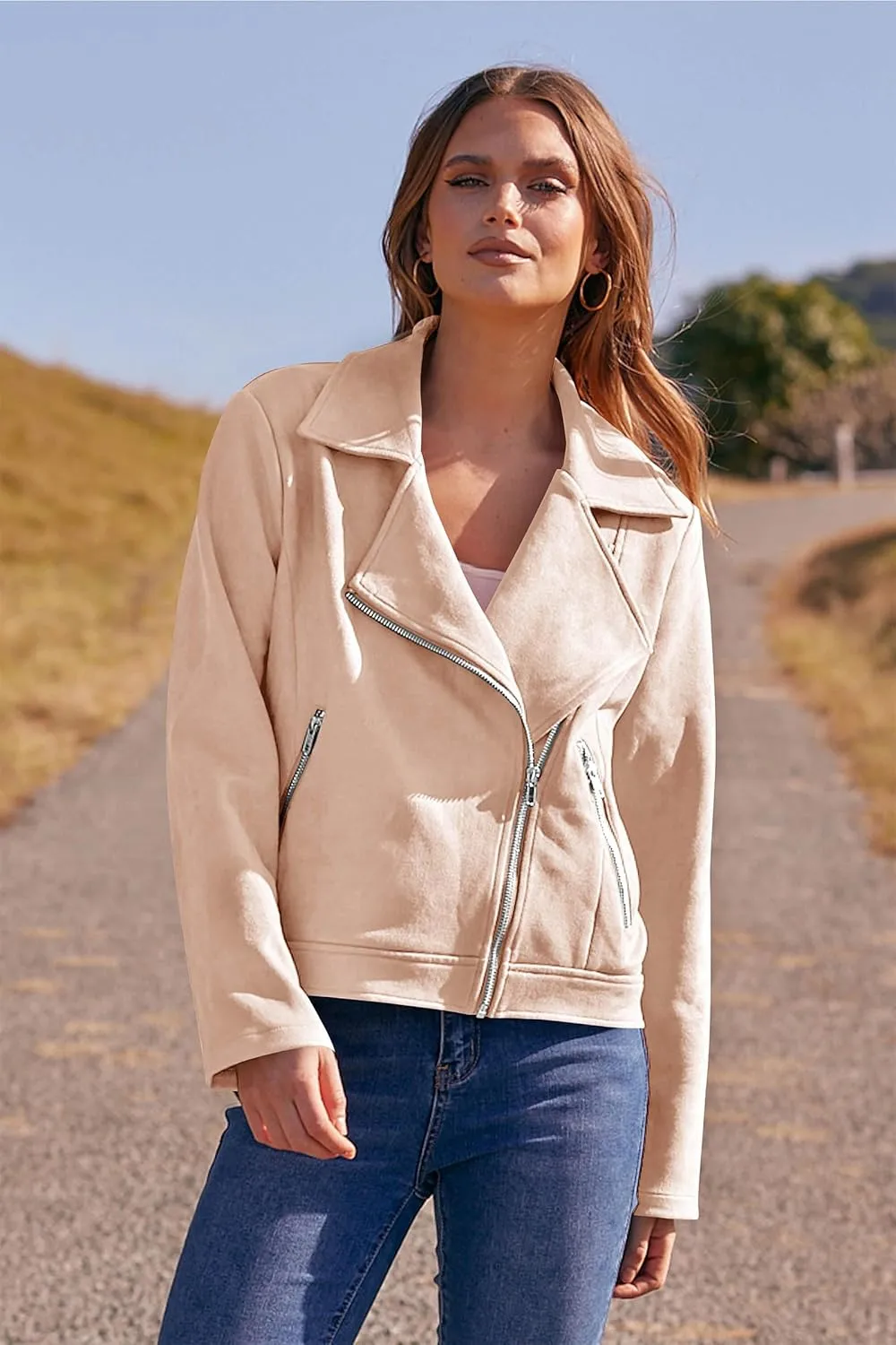 PRETTYGARDEN Womens Winter Moto Jacket Faux Suede Long Sleeve Zip Up Pockets Short Coat Y2K Fall Fashion Dressy Outerwear