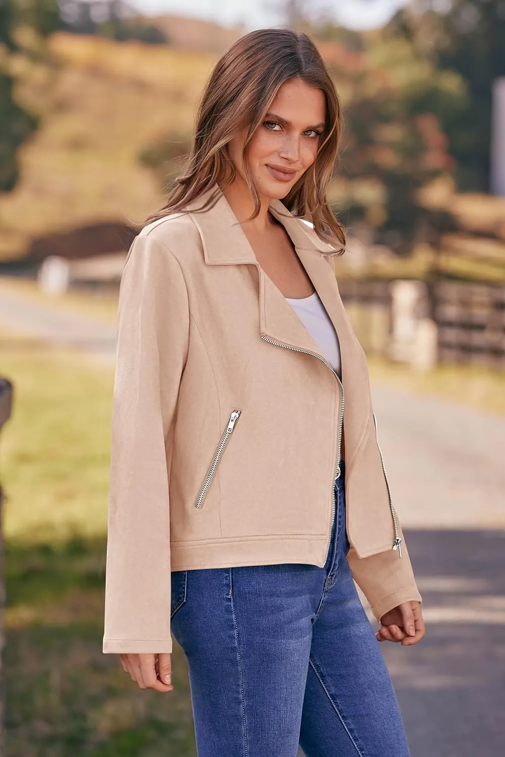 PRETTYGARDEN Womens Winter Moto Jacket Faux Suede Long Sleeve Zip Up Pockets Short Coat Y2K Fall Fashion Dressy Outerwear