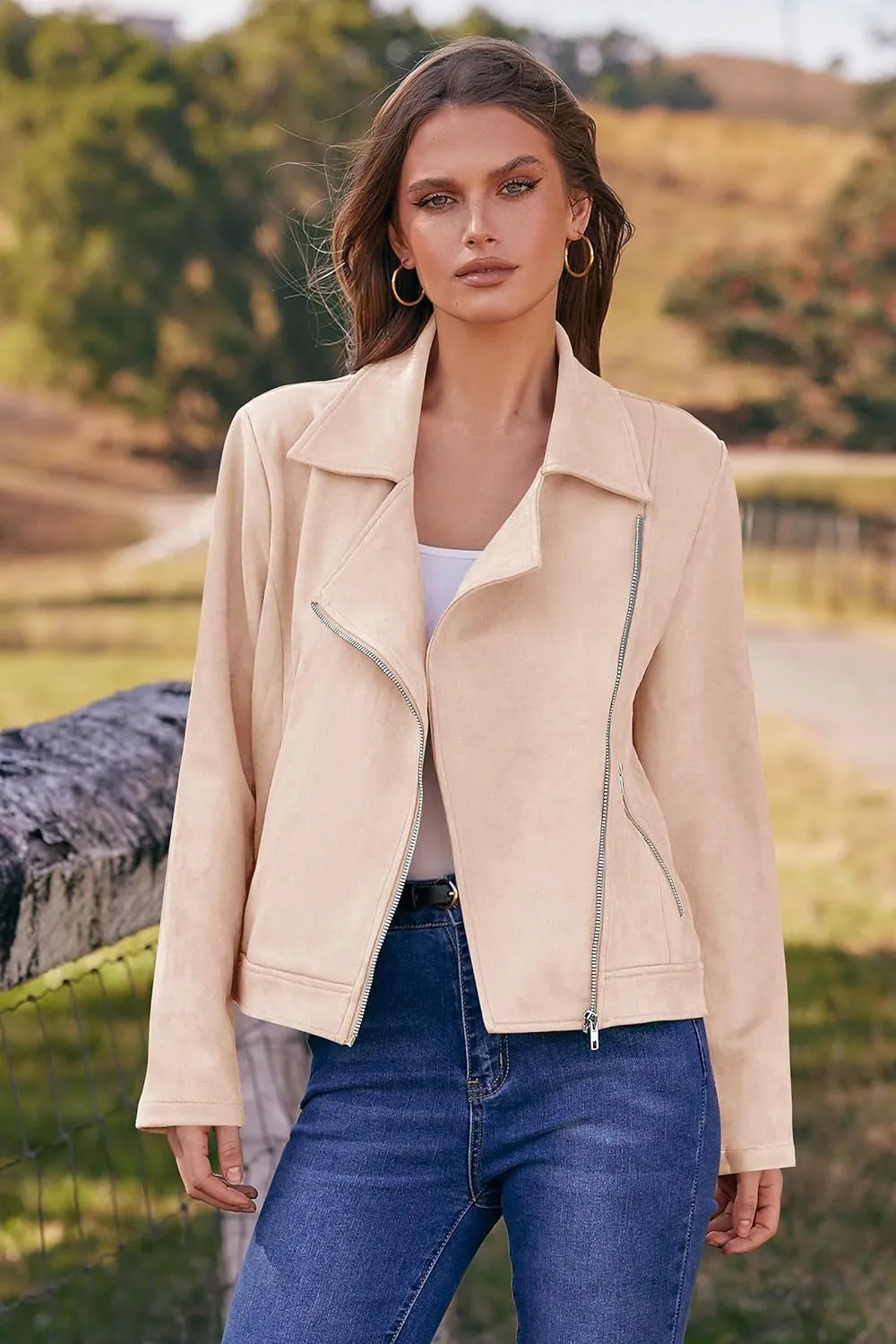 PRETTYGARDEN Womens Winter Moto Jacket Faux Suede Long Sleeve Zip Up Pockets Short Coat Y2K Fall Fashion Dressy Outerwear