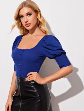 Puff Sleeve Buttoned Front Crop Top