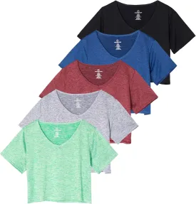 Real Essentials 5 Pack: Women's Dry-Fit Short Sleeve V-Neck Crop Top Boxy Athletic Tee