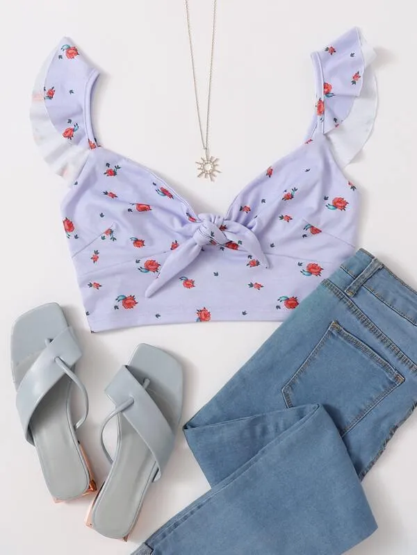 Ruffle Strap Tie Front Floral Print Crop Top
