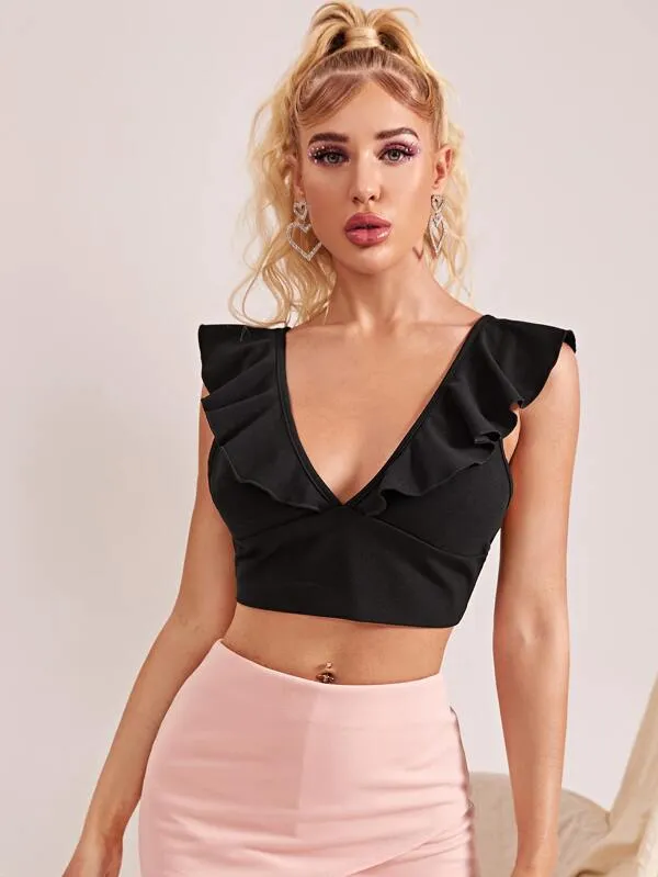 Ruffle Trim Cutout Back Crop Top