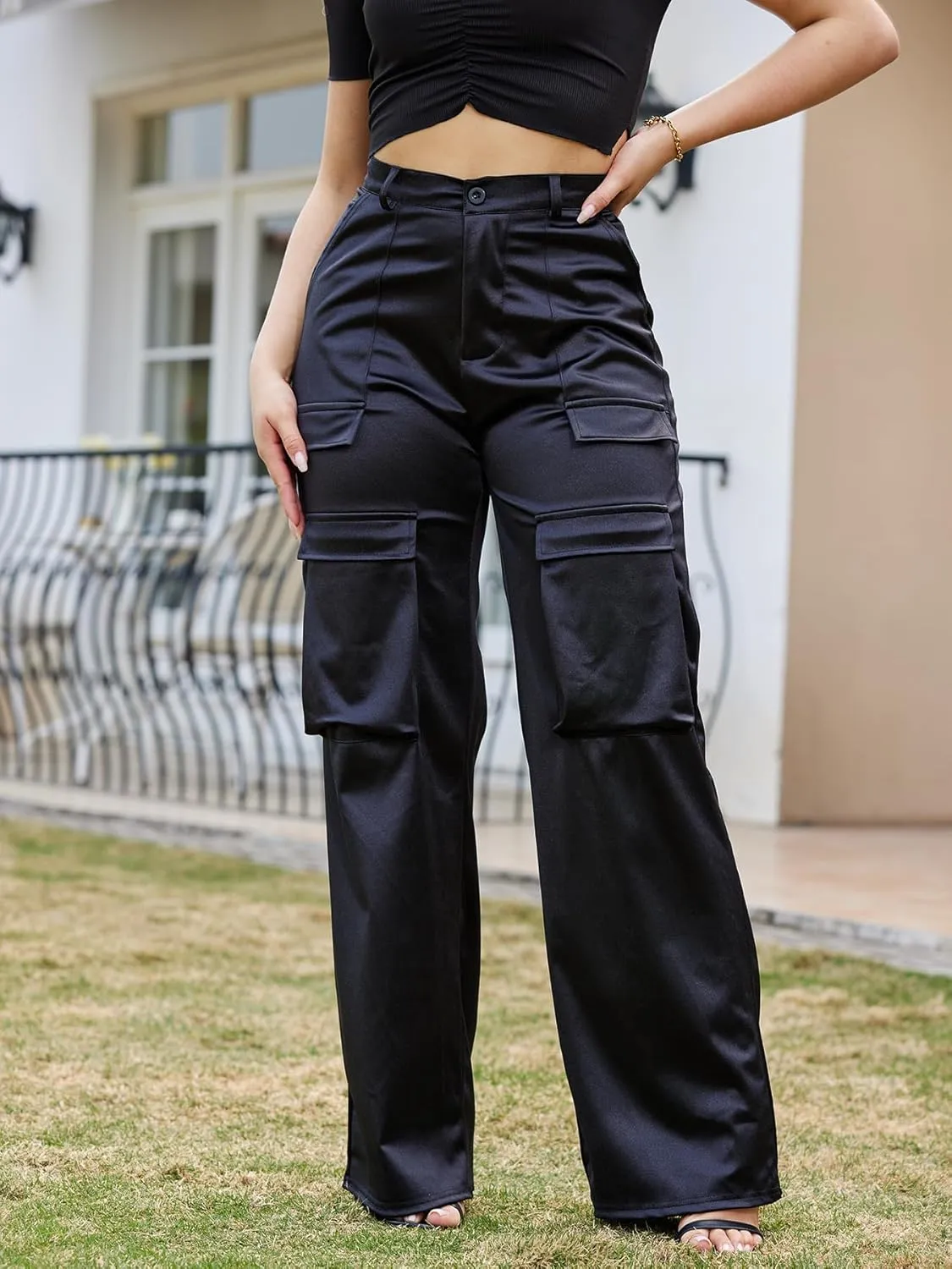 Satin Cargo Pants for Women High Waisted Wide Leg Silky Dressy Club Outfits with Pockets Casual Streetwear