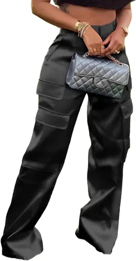 Satin Cargo Pants for Women High Waisted Wide Leg Silky Dressy Club Outfits with Pockets Casual Streetwear