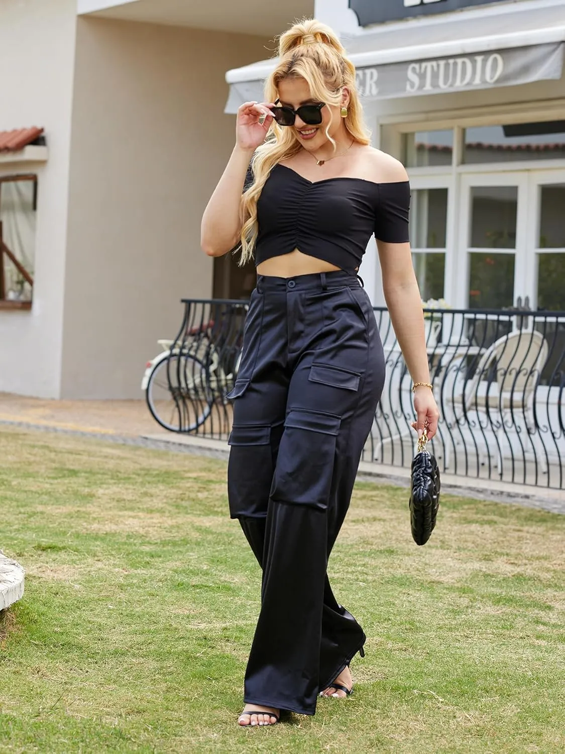 Satin Cargo Pants for Women High Waisted Wide Leg Silky Dressy Club Outfits with Pockets Casual Streetwear