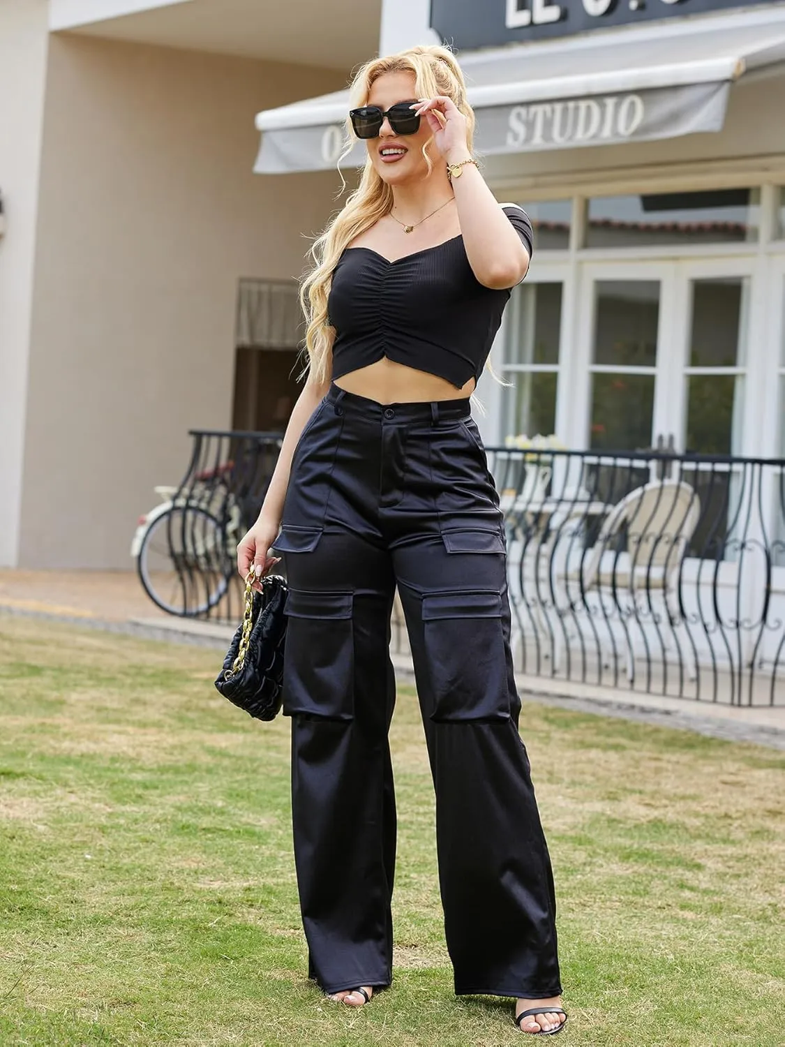 Satin Cargo Pants for Women High Waisted Wide Leg Silky Dressy Club Outfits with Pockets Casual Streetwear