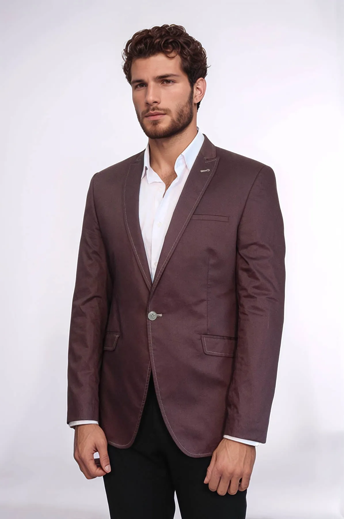Single Button Cotton Mono Lapel Brown Jacket-Wessi