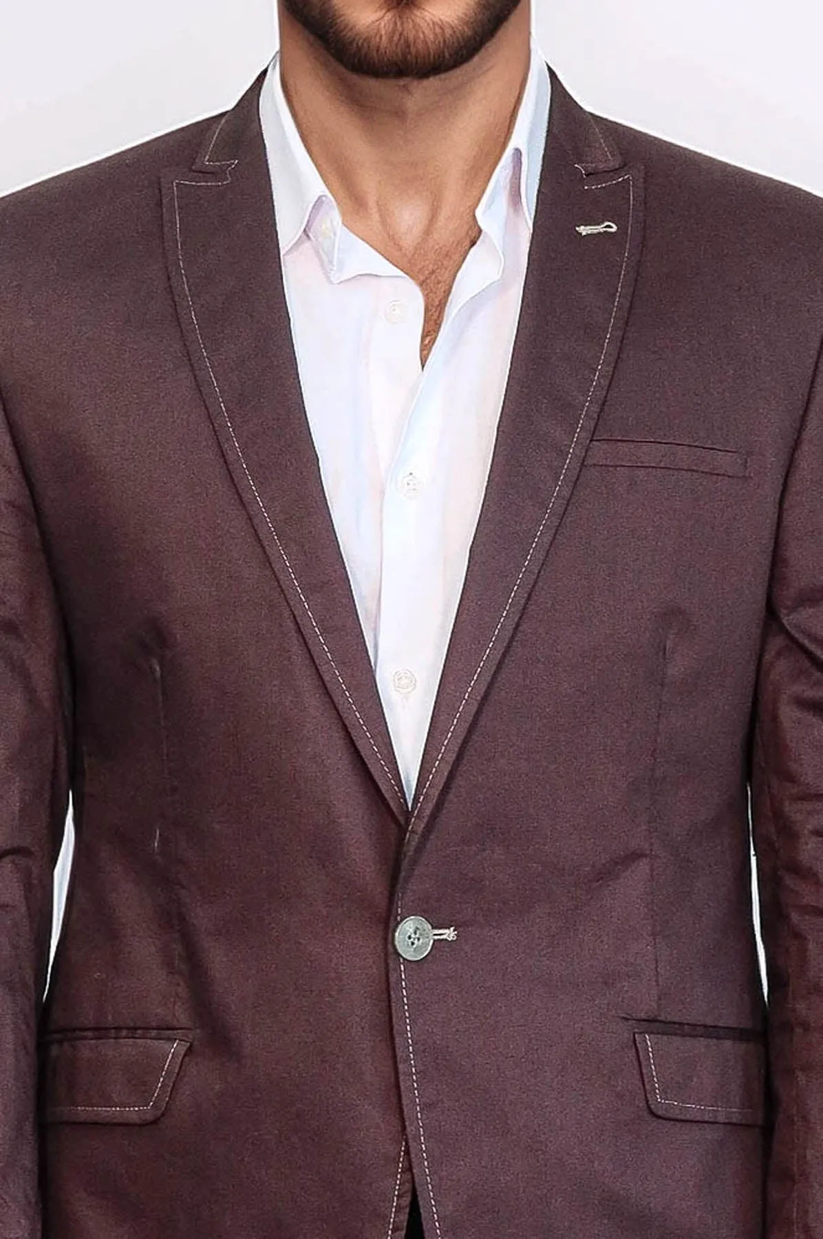 Single Button Cotton Mono Lapel Brown Jacket-Wessi