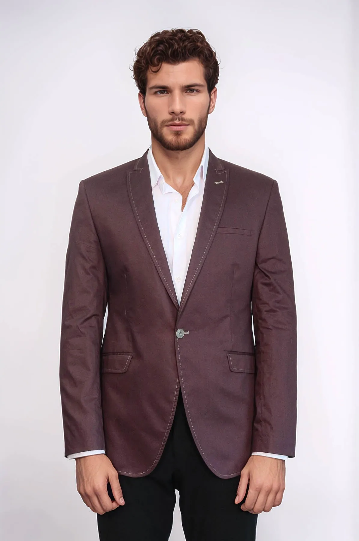 Single Button Cotton Mono Lapel Brown Jacket-Wessi
