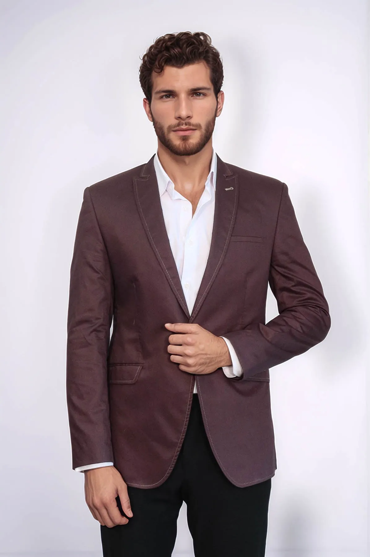 Single Button Cotton Mono Lapel Brown Jacket-Wessi