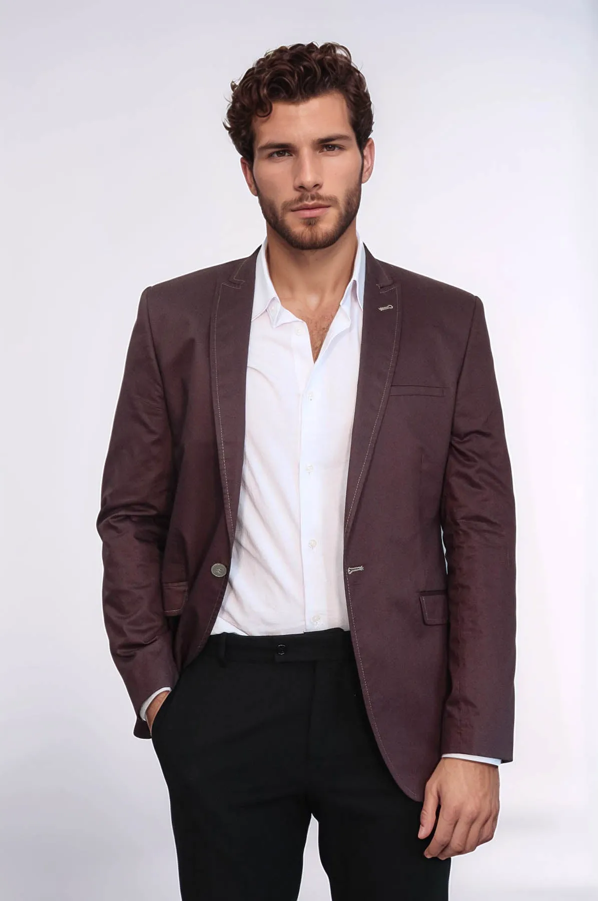 Single Button Cotton Mono Lapel Brown Jacket-Wessi