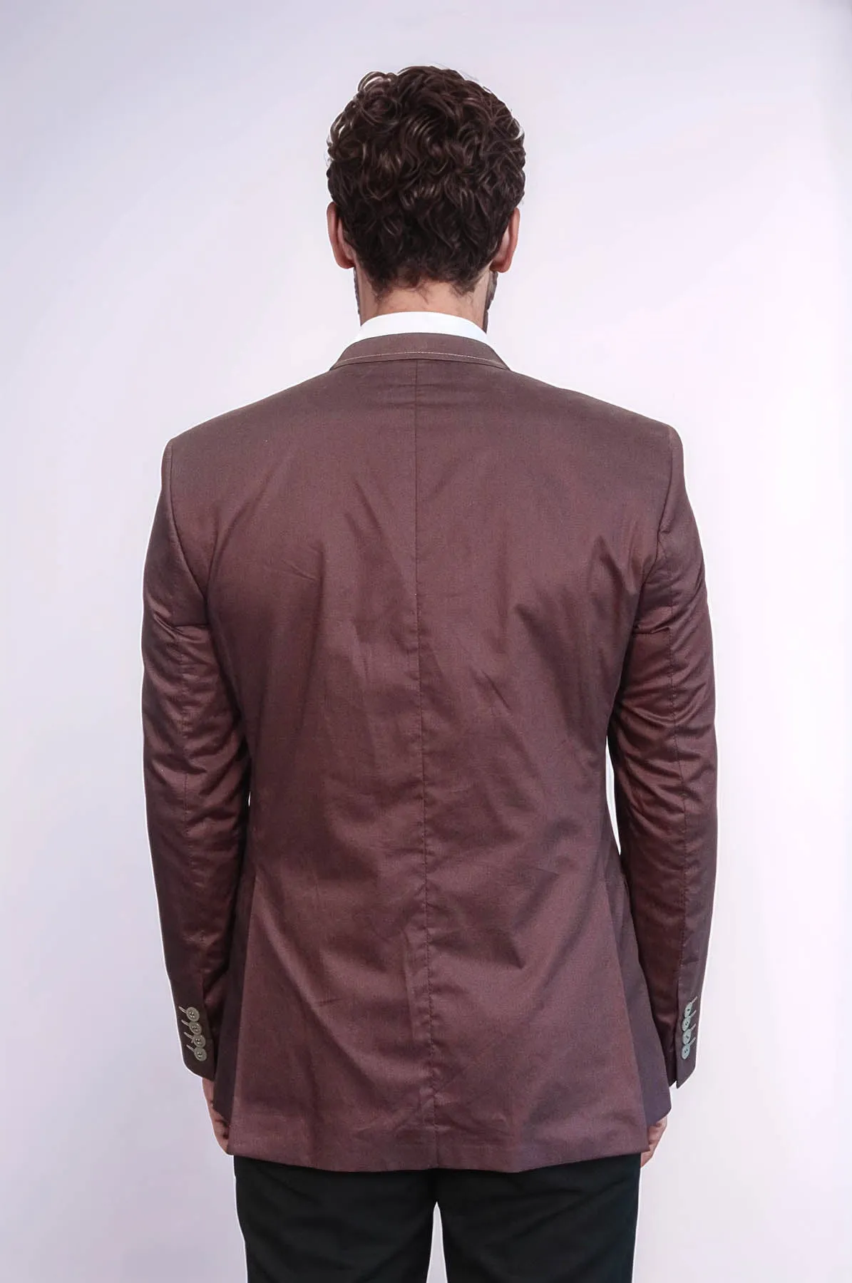 Single Button Cotton Mono Lapel Brown Jacket-Wessi