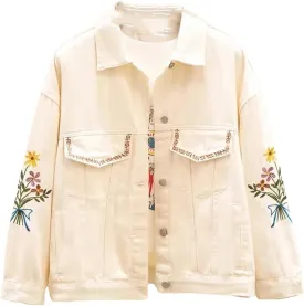 UIOKLMJH Autumn Women Office Work Embroidery Overcoat Party Loose Denim Coats