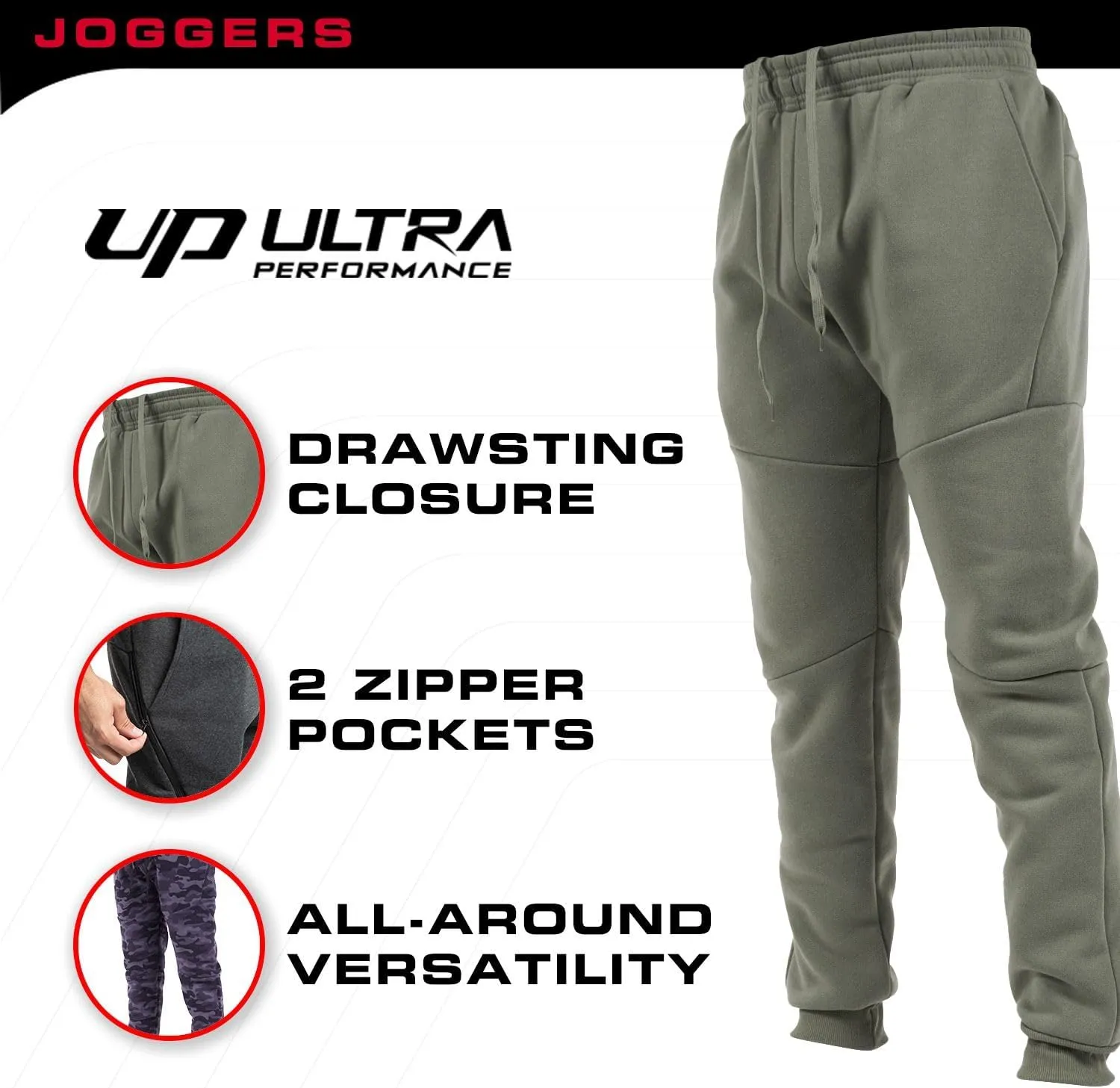 Ultra Performance 3 Pack Fleece Active Tech Joggers for Men, Mens Sweatpants with Zipper Pockets