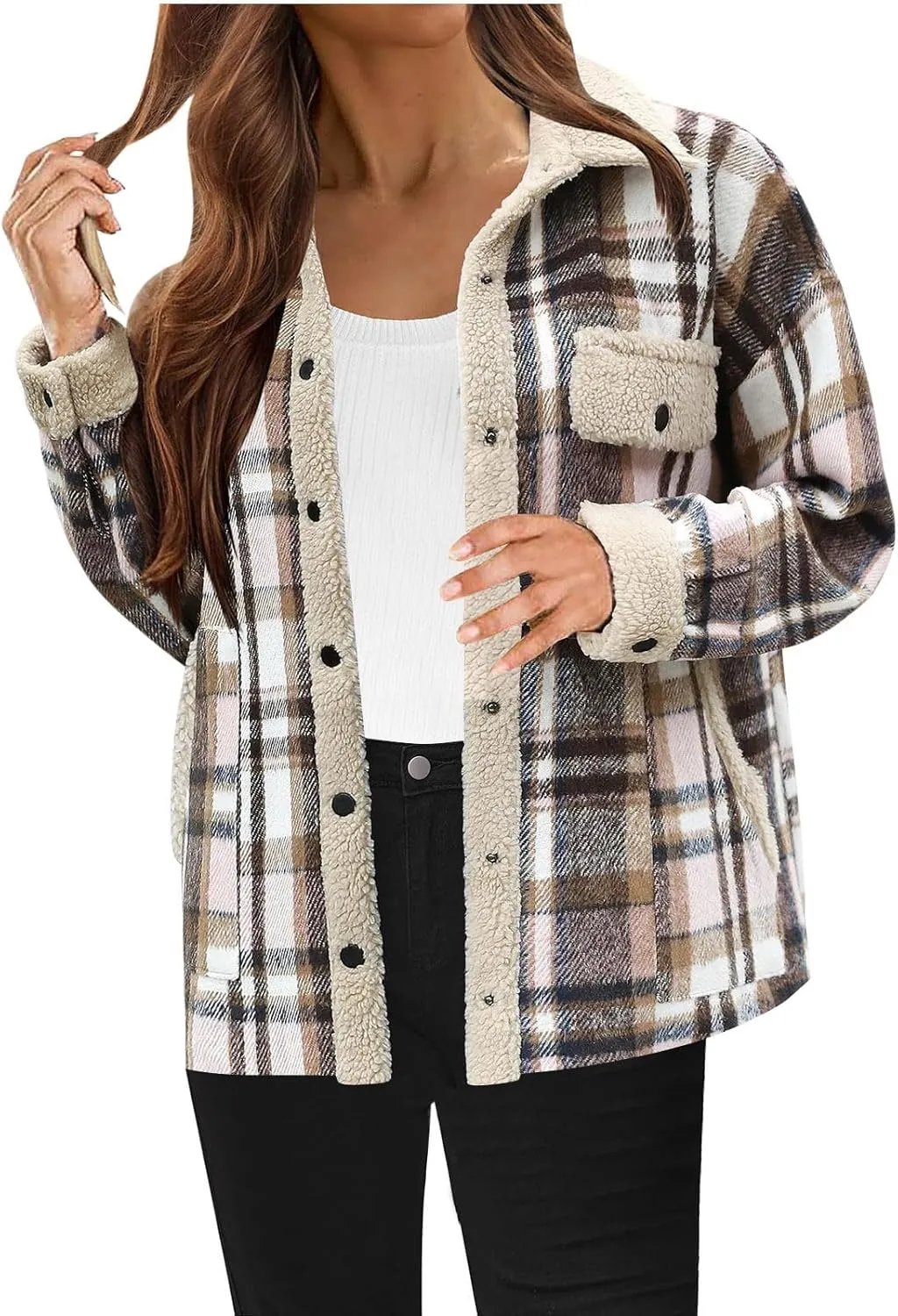 Women 2024 Hooded Flannel Jacket Warm Sherpa Shacket Fleece Lined Button Down Plaid Coat Trendy Fall Winter Outfits