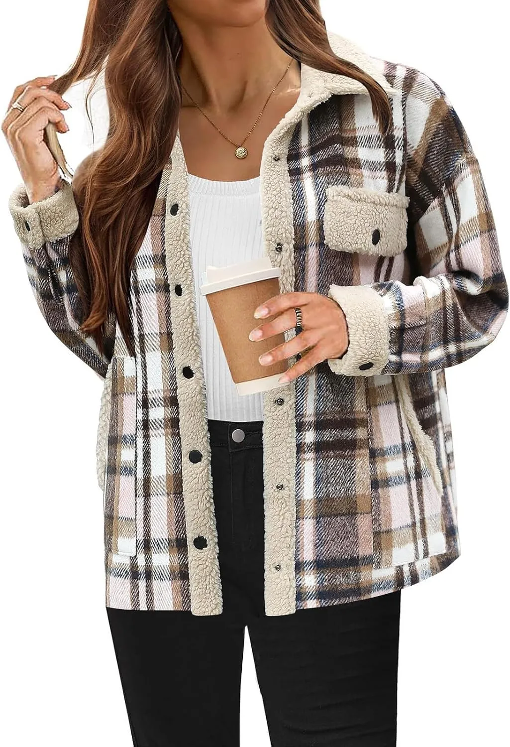 Women 2024 Hooded Flannel Jacket Warm Sherpa Shacket Fleece Lined Button Down Plaid Coat Trendy Fall Winter Outfits