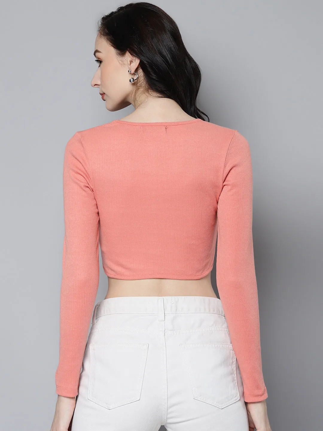 Women Peach Rib Long Sleeves Square Neck Crop Top