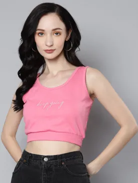 Women Pink Terry Active Keep Going Emb Terry Top